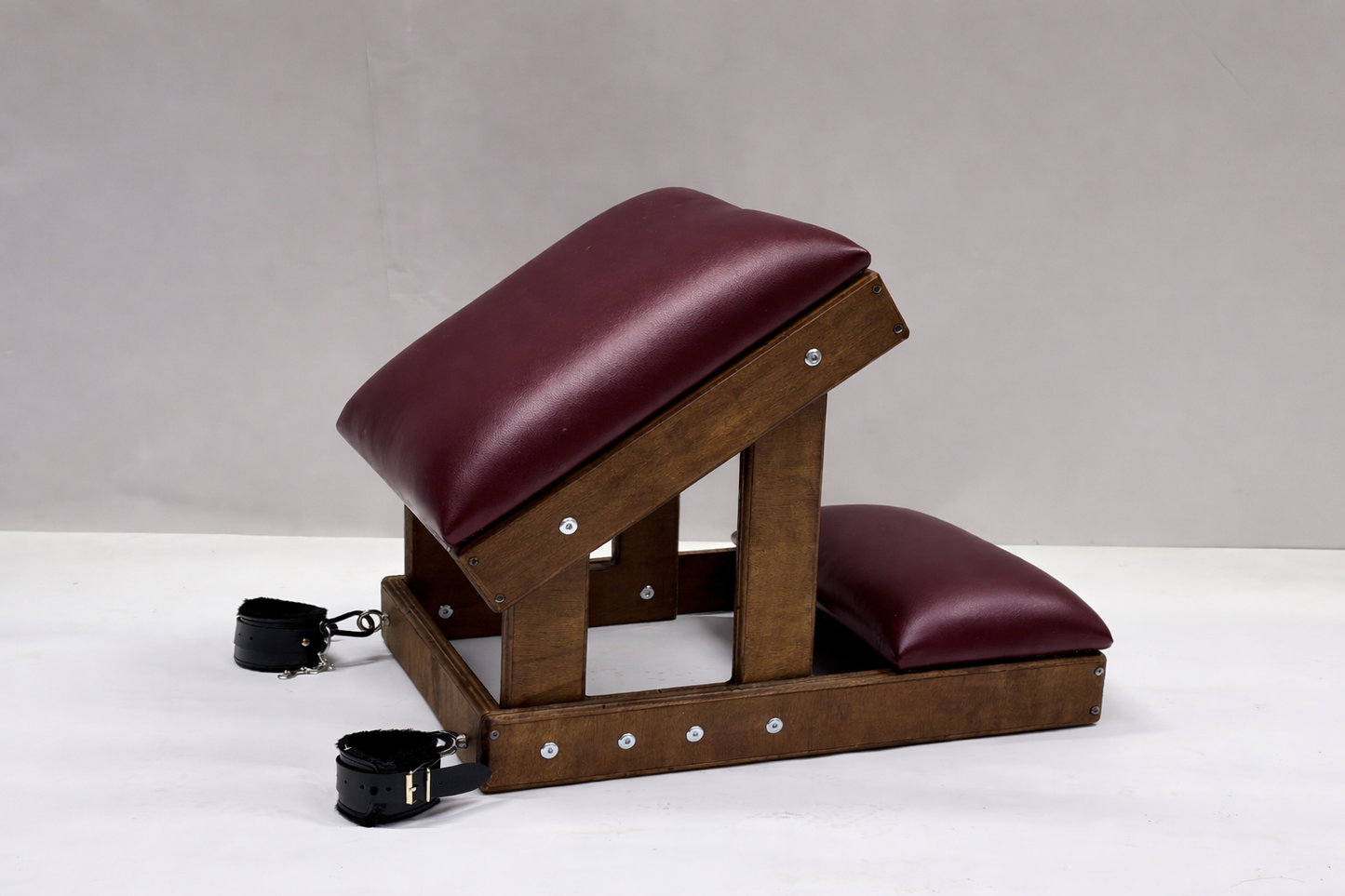 Hardwood Kneeling Bench – Luxury Padded BDSM Positioning Bench with Restraints (Brown/Bordeaux)