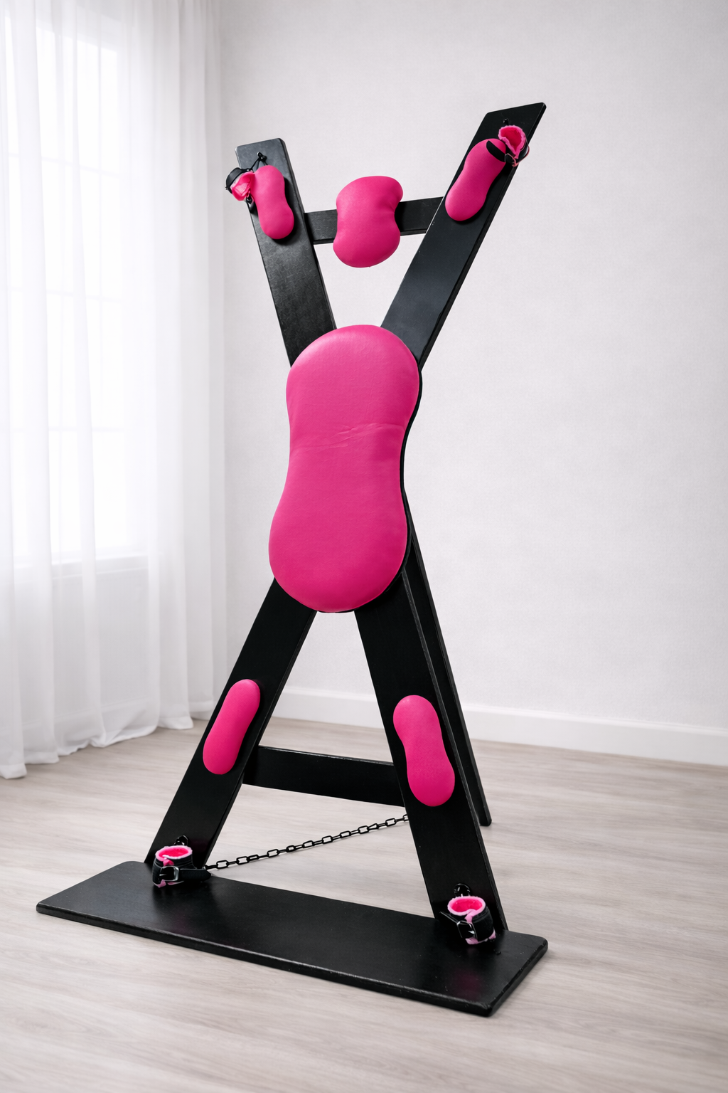 Hardwood St. Andrew’s Cross – Modular Padded Restraint Frame with Quick-Release System (Black-HotPink)