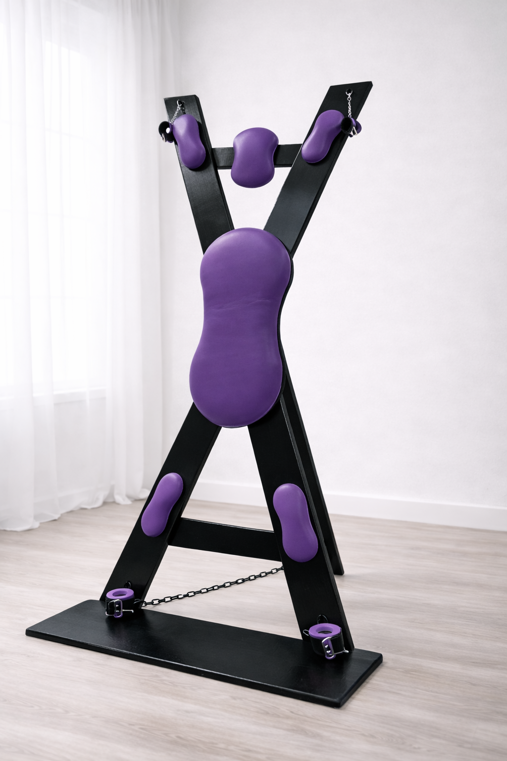 Hardwood St. Andrew’s Cross – Modular Padded Restraint Frame with Quick-Release System (Black-Purple)