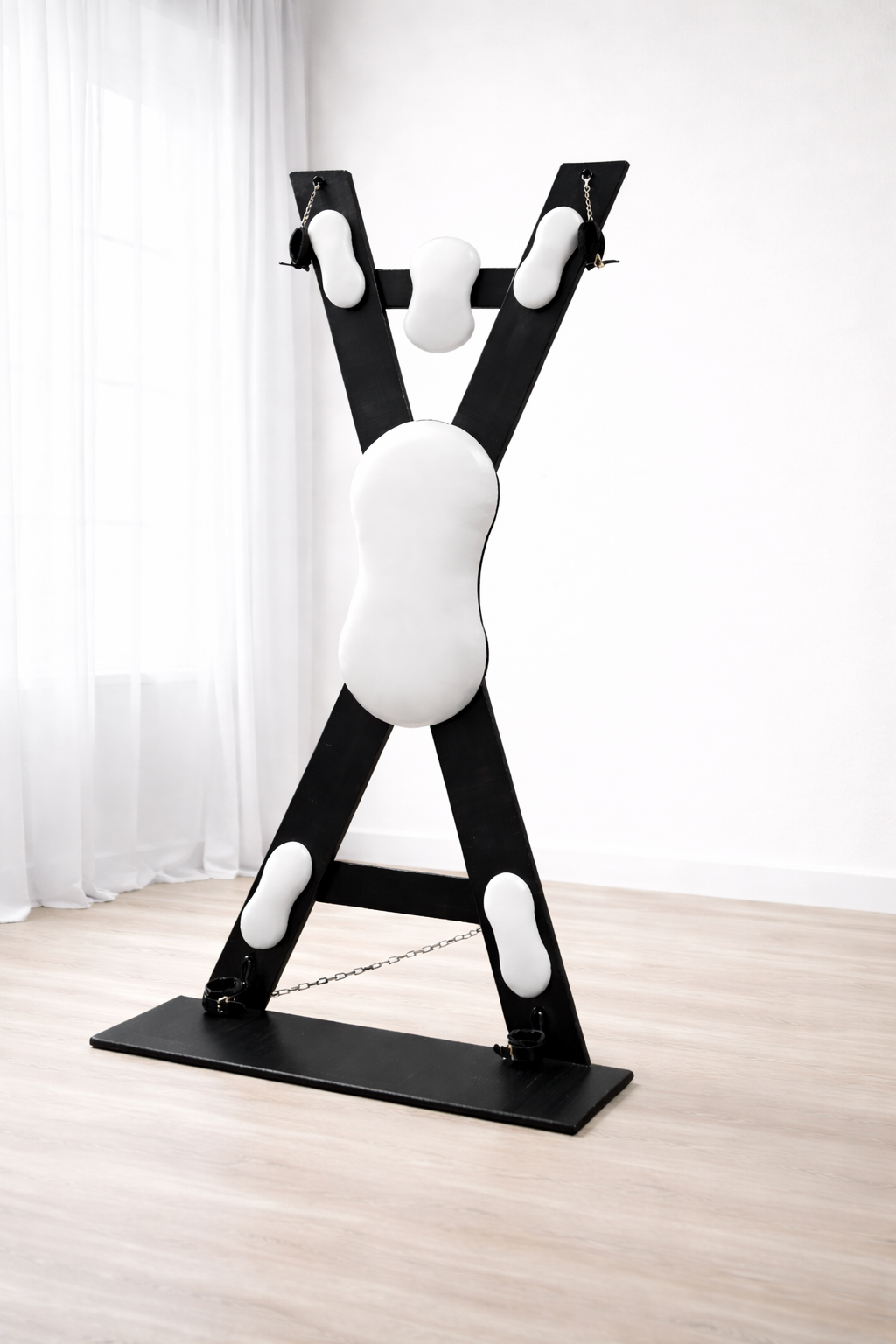 Hardwood St. Andrew’s Cross – Modular Padded Restraint Frame with Quick-Release System (Black-White)