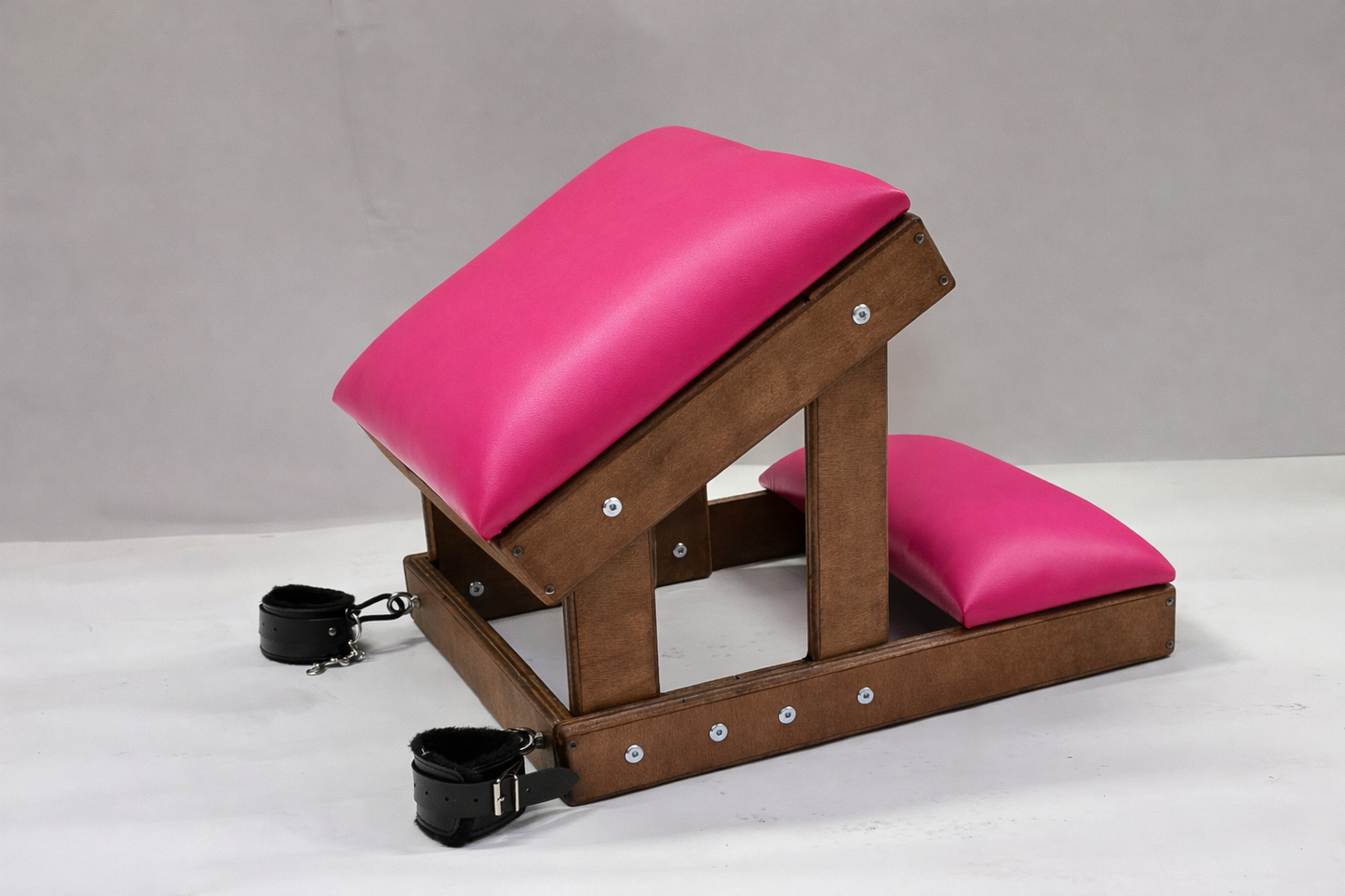 Hardwood Kneeling Bench – Luxury Padded BDSM Positioning Bench with Restraints (Brown/HotPink)