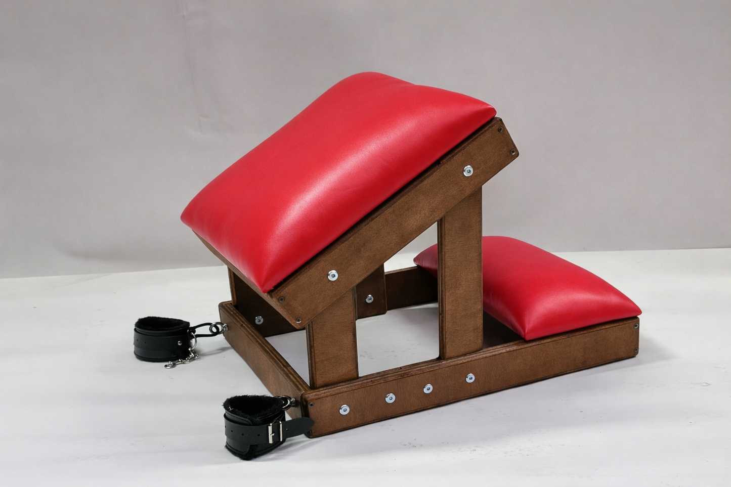 Hardwood Kneeling Bench – Luxury Padded BDSM Positioning Bench with Restraints (Brown/Red)