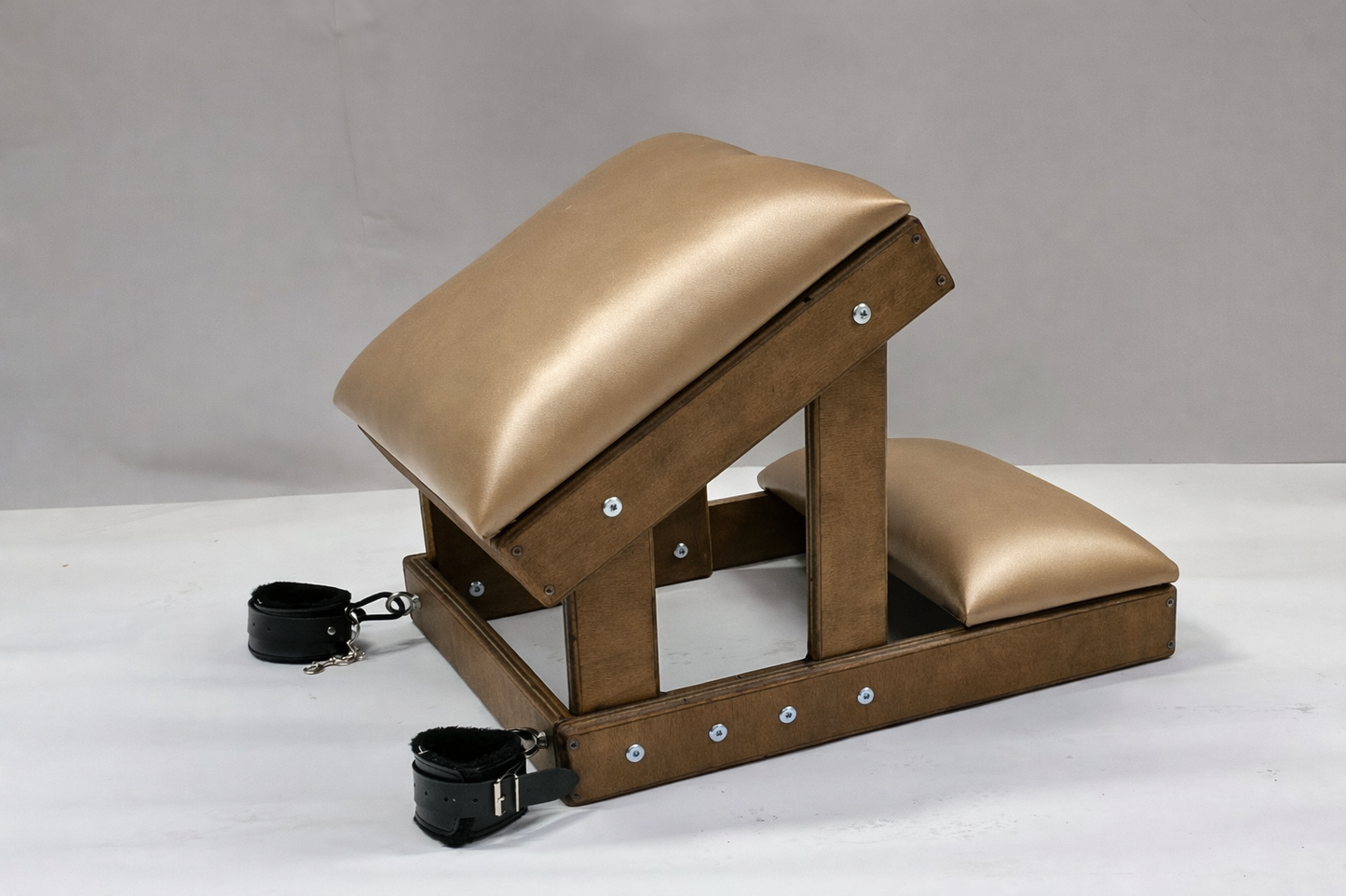 Hardwood Kneeling Bench – Luxury Padded BDSM Positioning Bench with Restraints (Brown/Champagne)