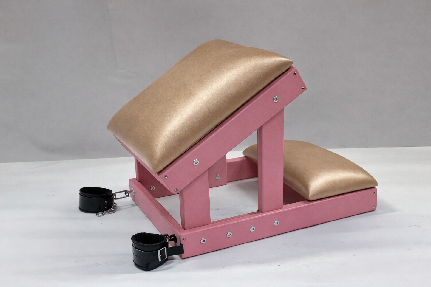 Hardwood Kneeling Bench – Padded BDSM Positioning Bench with Restraints (Pink/Champagne)