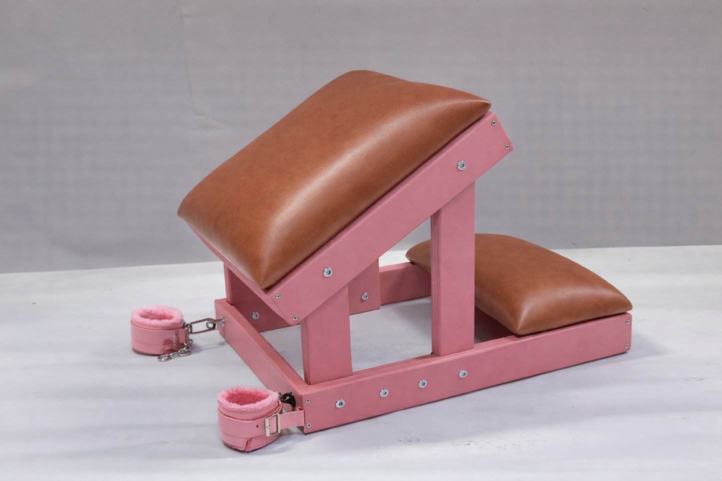 Hardwood Kneeling Bench – Padded BDSM Positioning Bench with Restraints (Pink/Cognac)