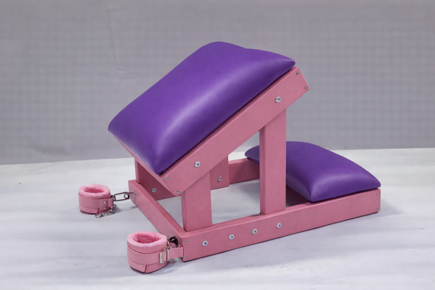 Hardwood Kneeling Bench – Padded BDSM Positioning Bench with Restraints (Pink/Purple)