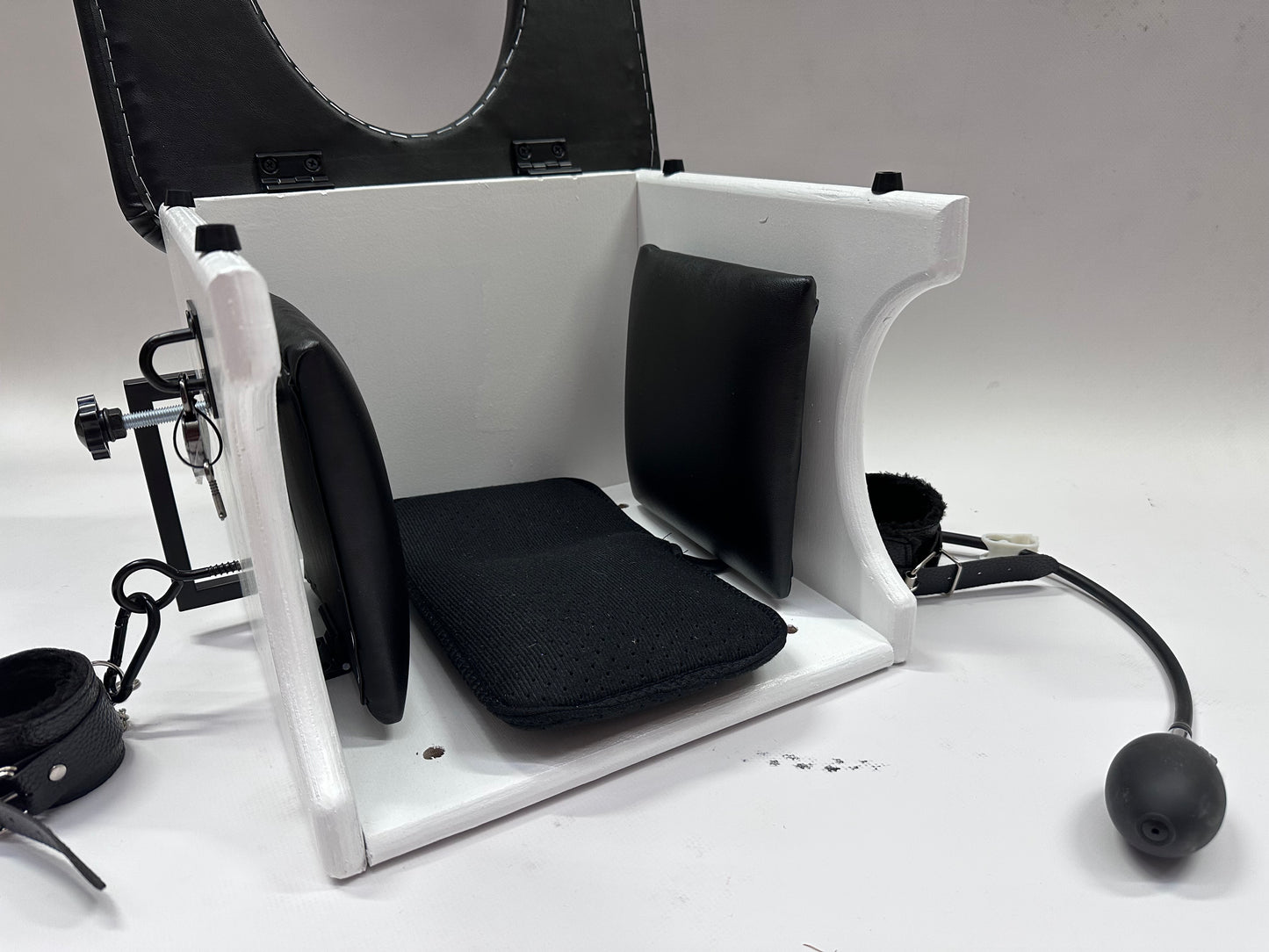 Intense Smotherbox Queening Chair with cushioned seat and sturdy wooden frame for sensory and BDSM play – discreet packaging included