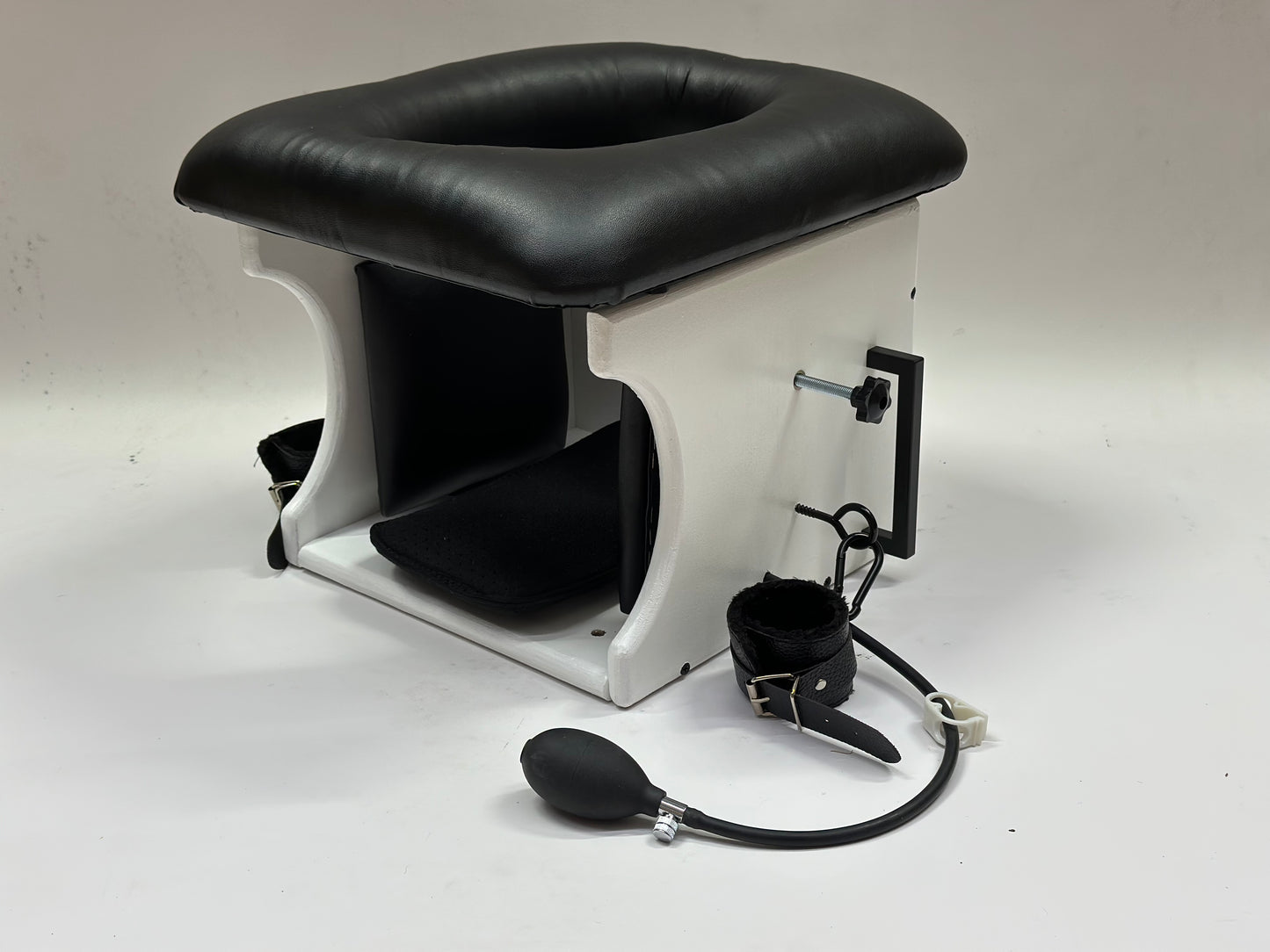 Intense Smotherbox Queening Chair with cushioned seat and sturdy wooden frame for sensory and BDSM play – discreet packaging included