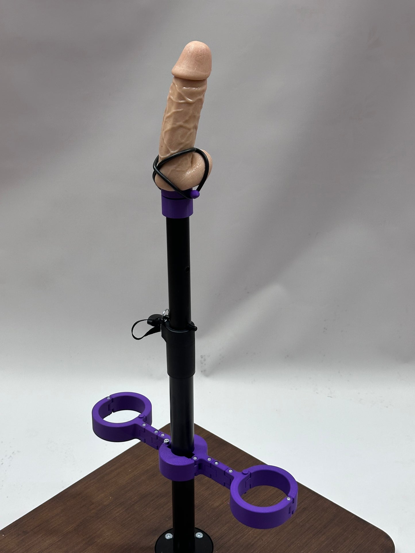 One Bar Prison Restraint Pole – Brown Hardwood Base, Heavy Metal Post, Adjustable Attachments, Restraints & Toy Mounts