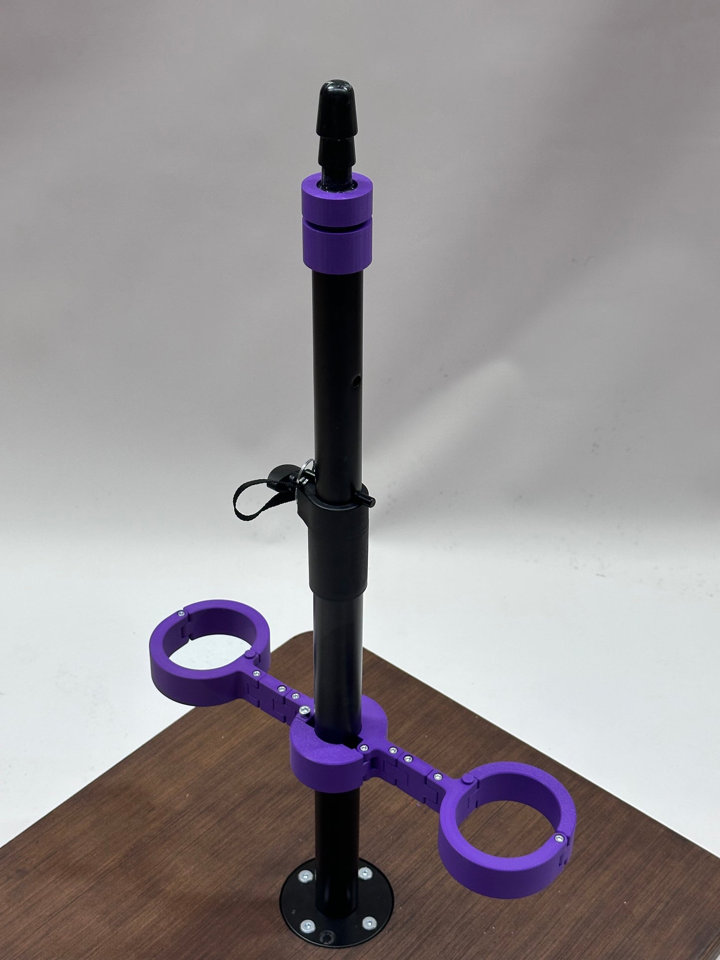 One Bar Prison Restraint Pole – Brown Hardwood Base, Heavy Metal Post, Adjustable Attachments, Restraints & Toy Mounts
