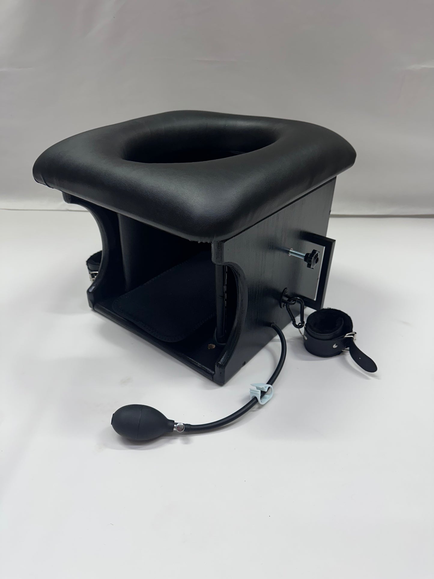 Intense Smotherbox Queening Chair with cushioned seat and sturdy wooden frame for sensory and BDSM play – discreet packaging included