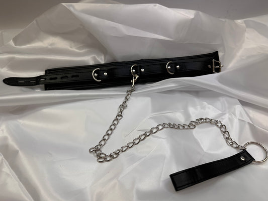 Luxury leather collar with adjustable buckle and matching metal leash, perfect for cosplay, BDSM, gothic fashion, and stylish restraint play