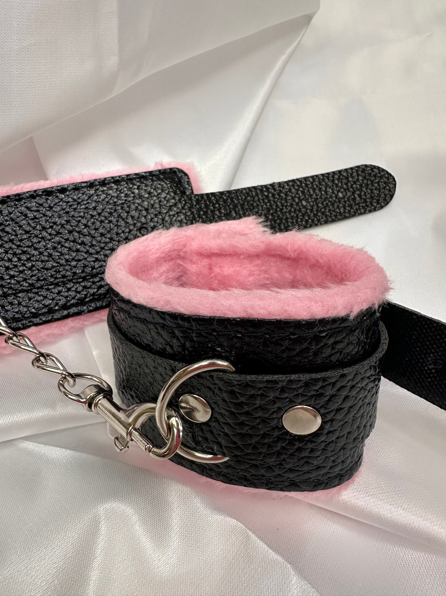 Black-Pink Soft Faux Leather Handcuffs – Adjustable, Comfortable & Stylish