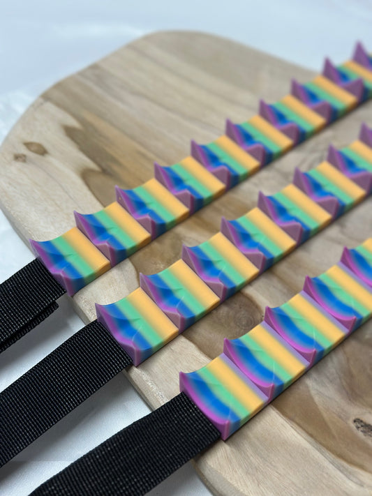 Close-up of cilicium spiked band showing double spike detail and durable strap