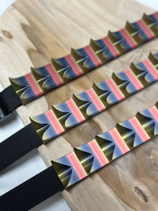 Close-up of cilicium spiked band showing double spike detail and durable strap