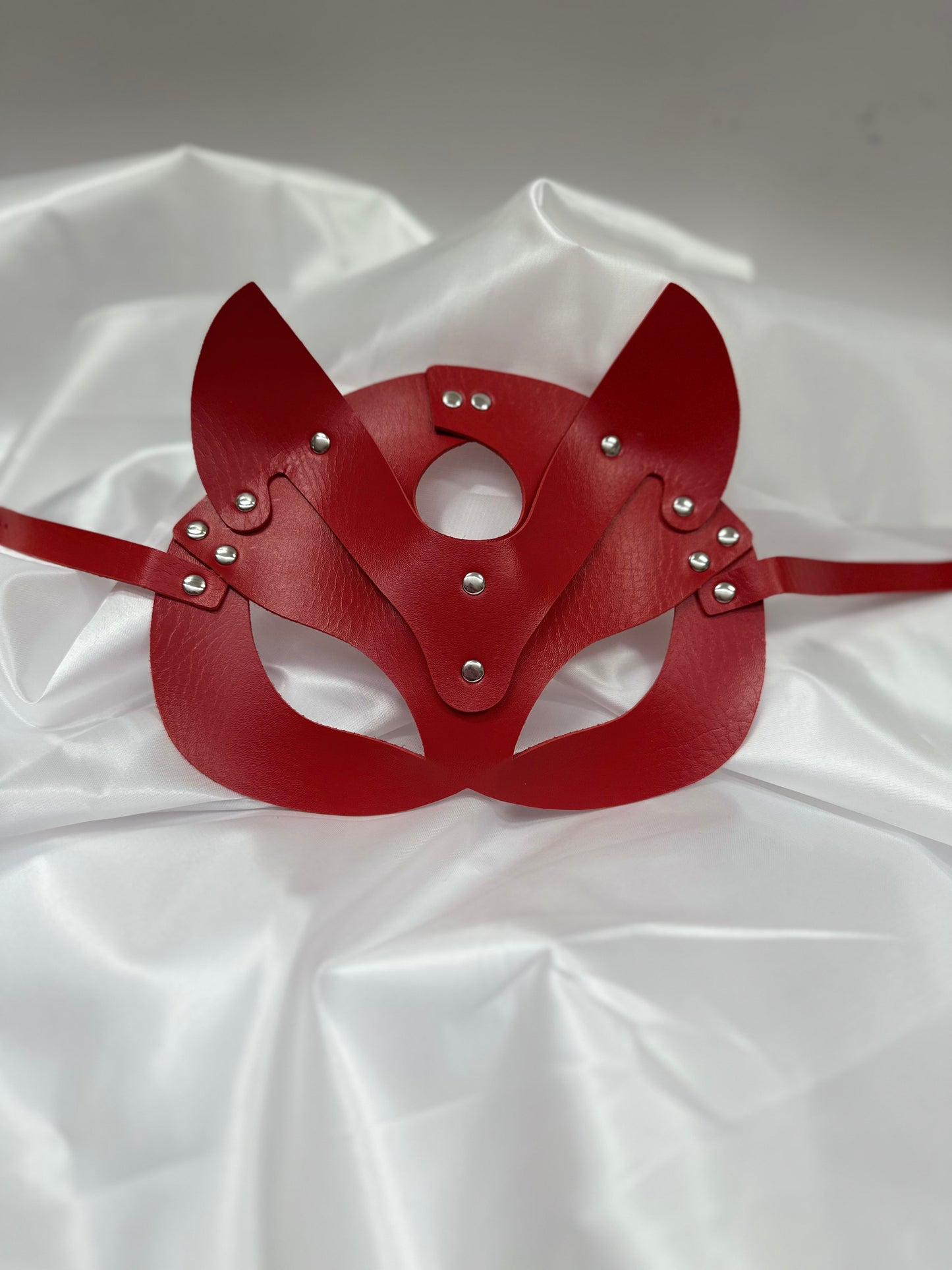 Handmade faux leather cat mask in black, red, and pink – cosplay, costume & roleplay accessory