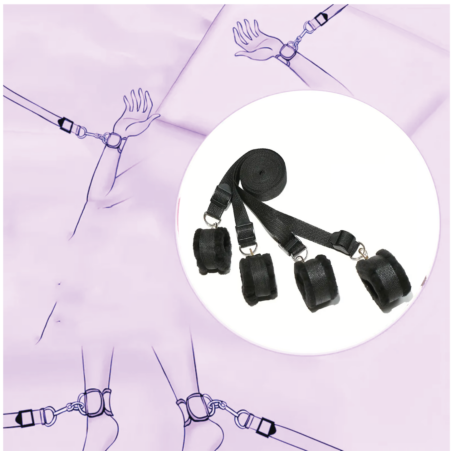Adjustable bed restraint set with soft padded cuffs for wrists and ankles, designed for secure and comfortable under-the-mattress bondage play for all bed sizes.