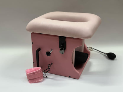 Adjustable smotherbox queening chair for BDSM sensory deprivation

Padded smotherbox queening chair in white for restraint play

Black smotherbox queening chair with adjustable ventilation

Pink smotherbox queening chair for solo or partner sensory play