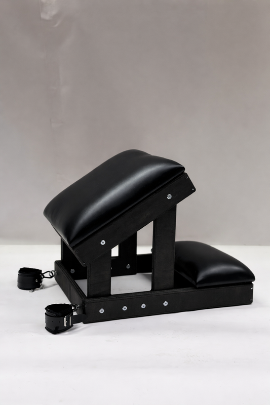 Hardwood Kneeling Bench – Luxury Padded BDSM Positioning Bench with Restraints (Black/Black)