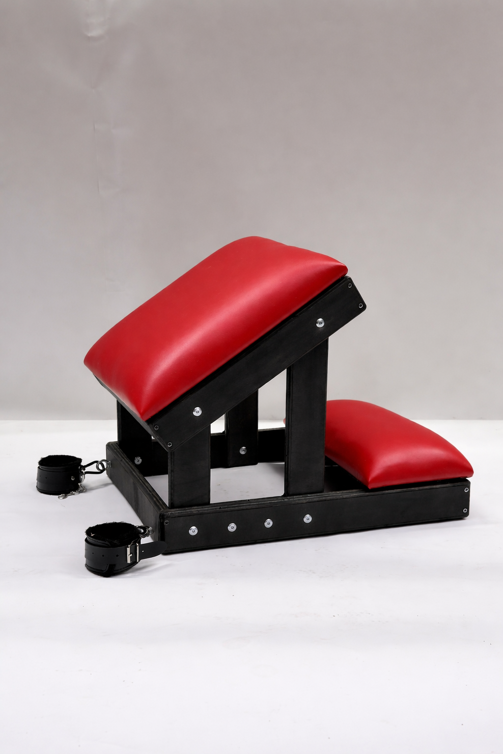Hardwood Kneeling Bench – Luxury Padded BDSM Positioning Bench with Restraints (Black/Red)