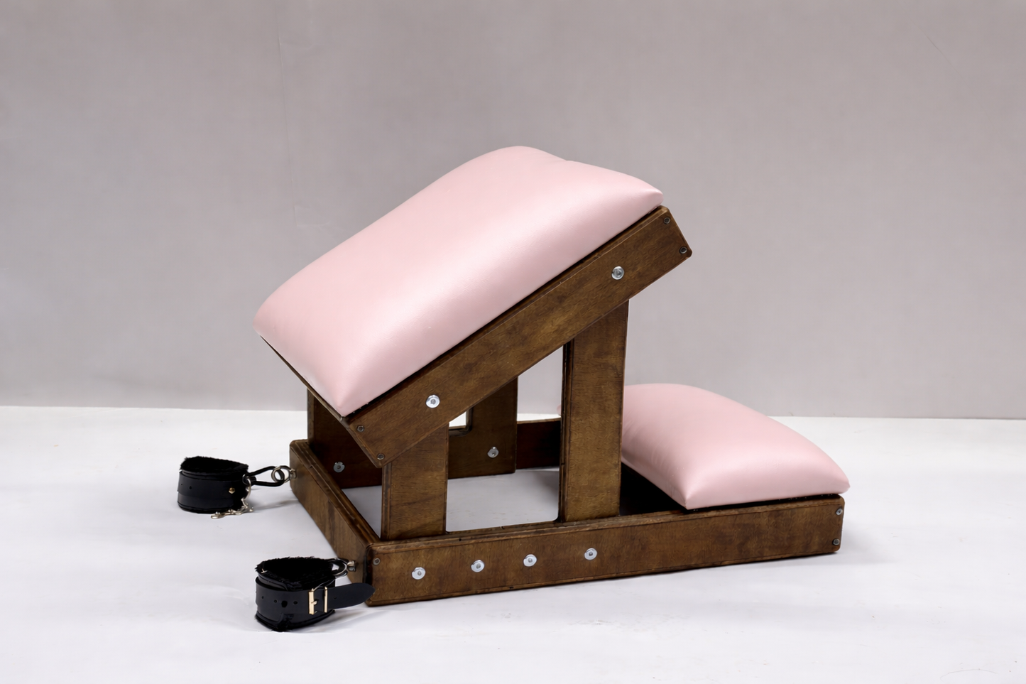 Hardwood Kneeling Bench – Luxury Padded BDSM Positioning Bench with Restraints (Brown/pink)