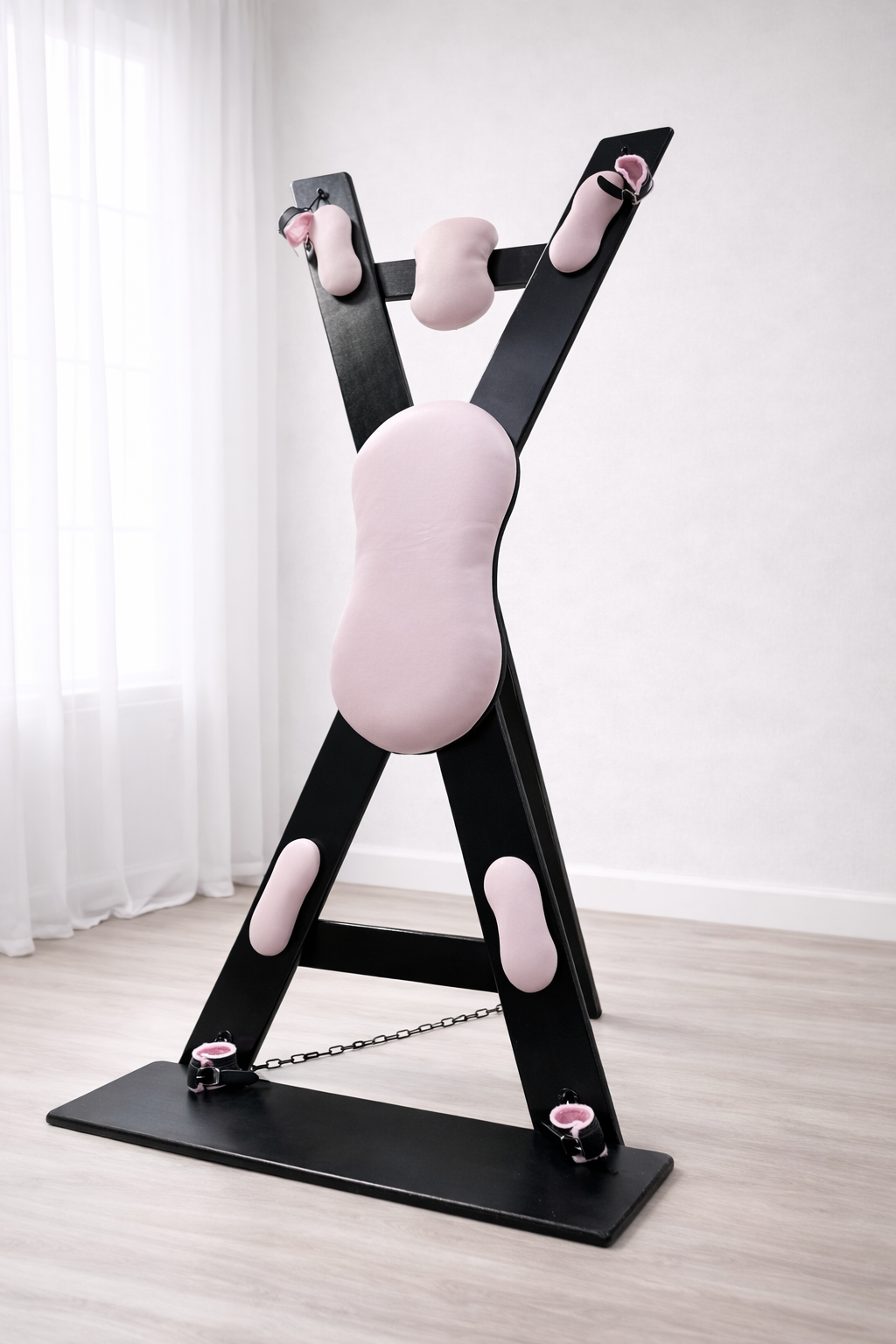 Hardwood St. Andrew’s Cross – Modular Padded Restraint Frame with Quick-Release System (Black-Pink)
