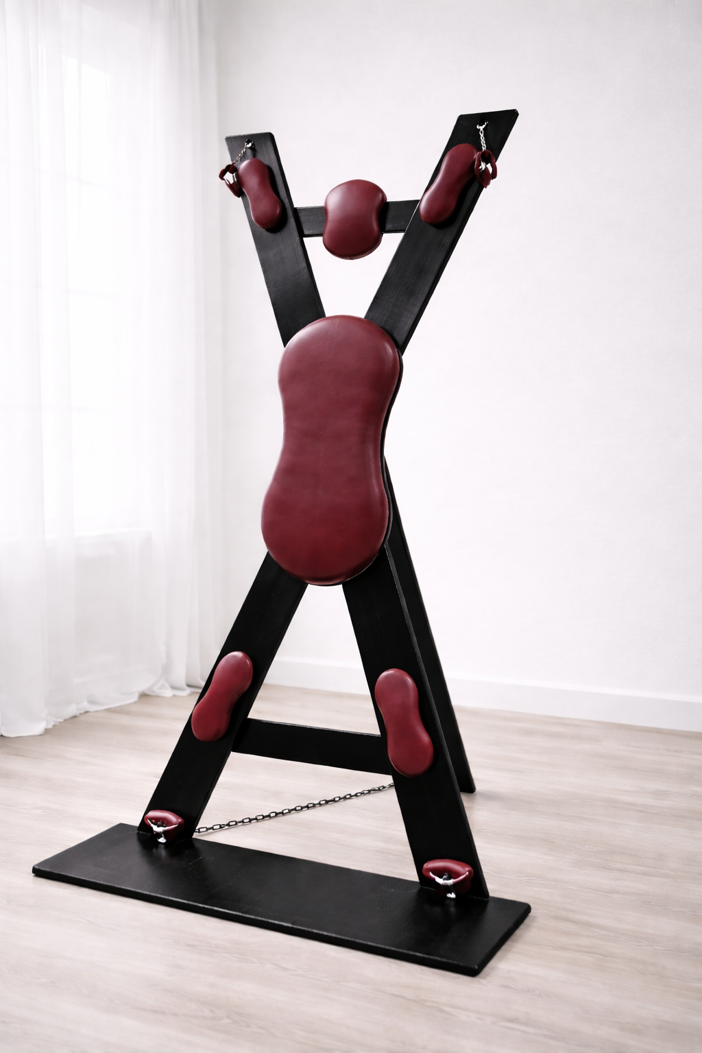 Hardwood St. Andrew’s Cross – Modular Padded Restraint Frame with Quick-Release System (Black-Bordeaux)
