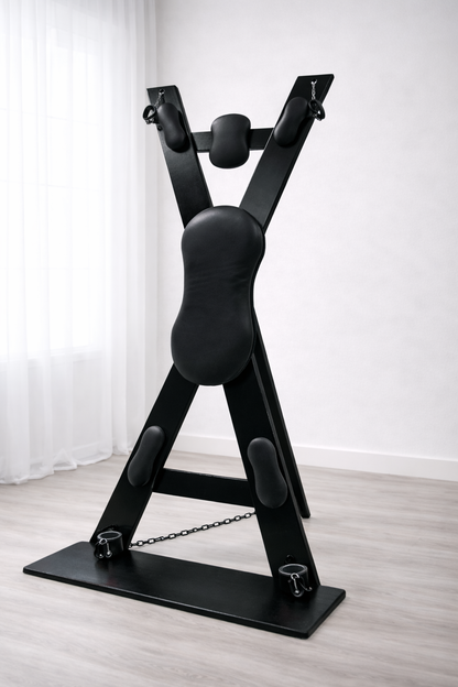Hardwood St. Andrew’s Cross – Modular Padded Restraint Frame with Quick-Release System (Black-Black)