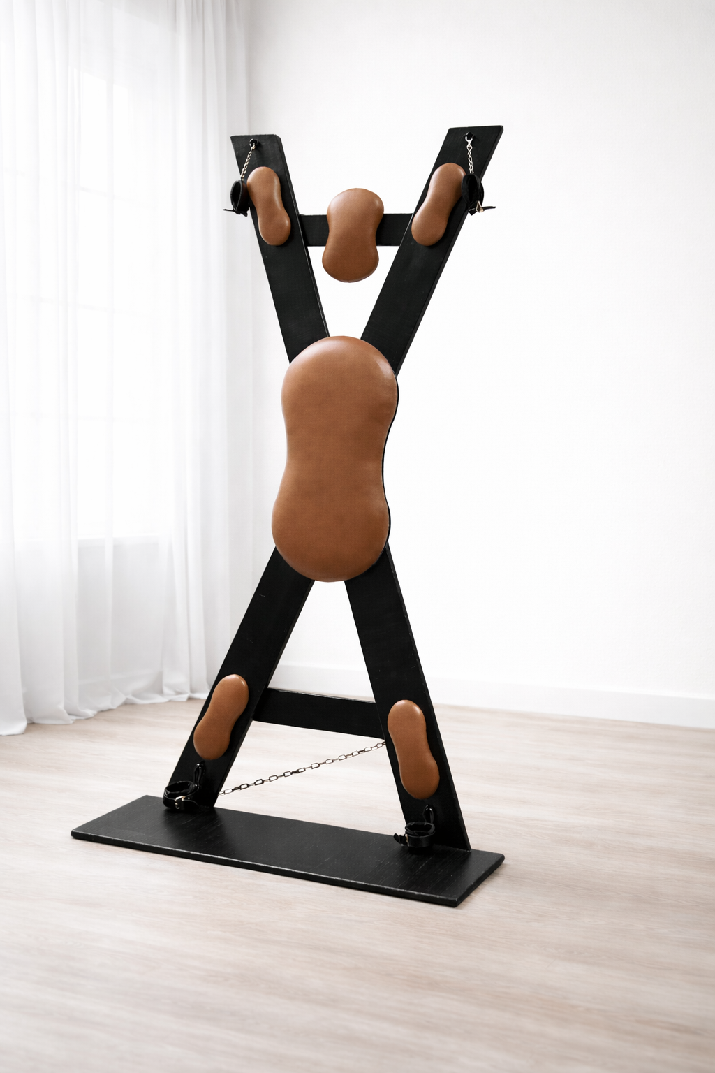 Hardwood St. Andrew’s Cross – Modular Padded Restraint Frame with Quick-Release System (Black-Cognac)