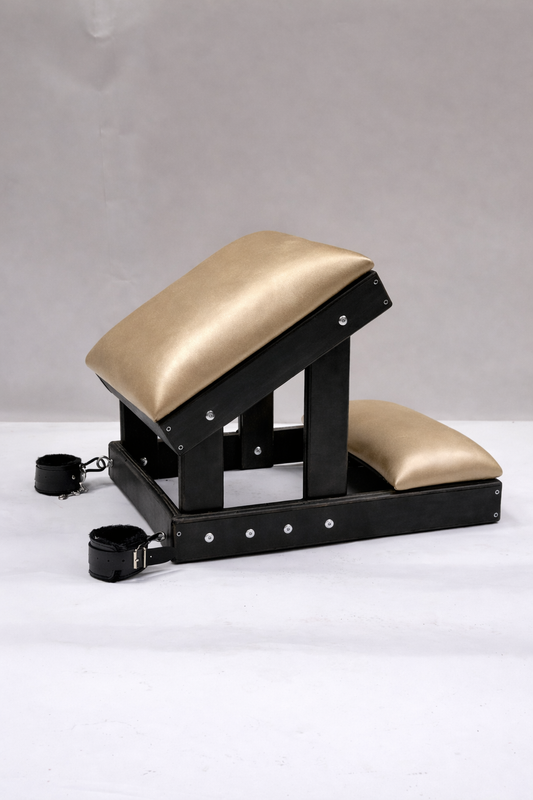 Hardwood Kneeling Bench – Luxury Padded BDSM Positioning Bench with Restraints (Black/Champagne)