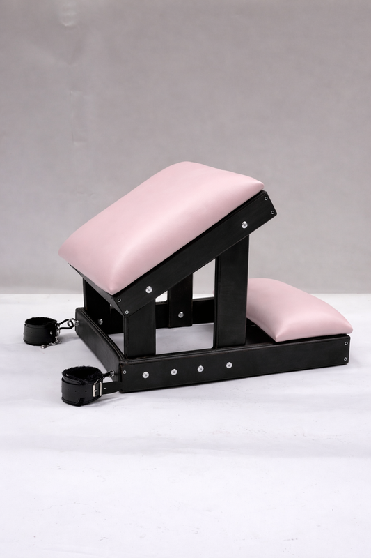 Hardwood Kneeling Bench – Luxury Padded BDSM Positioning Bench with Restraints (Black/Pink)
