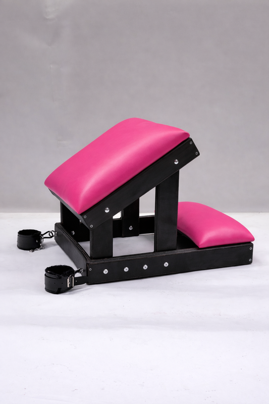 Hardwood Kneeling Bench – Luxury Padded BDSM Positioning Bench with Restraints (Black/HotPink)