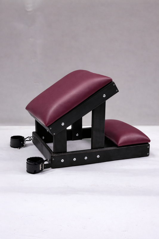 Hardwood Kneeling Bench – Luxury Padded BDSM Positioning Bench with Restraints (Black/Bordeaux)