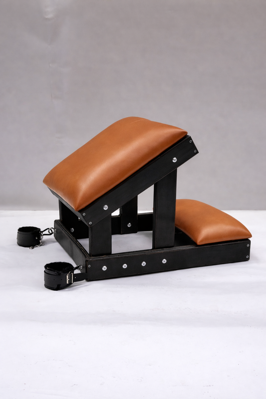 Hardwood Kneeling Bench – Luxury Padded BDSM Positioning Bench with Restraints (Black/Cognac)