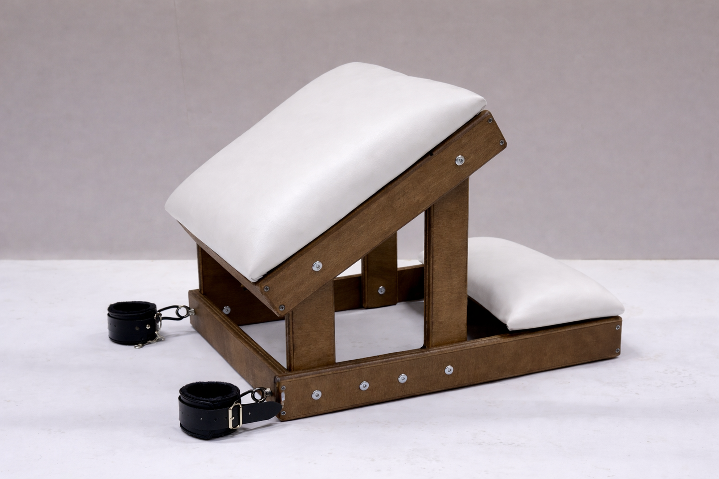 Hardwood Kneeling Bench – Luxury Padded BDSM Positioning Bench with Restraints (Brown/White)