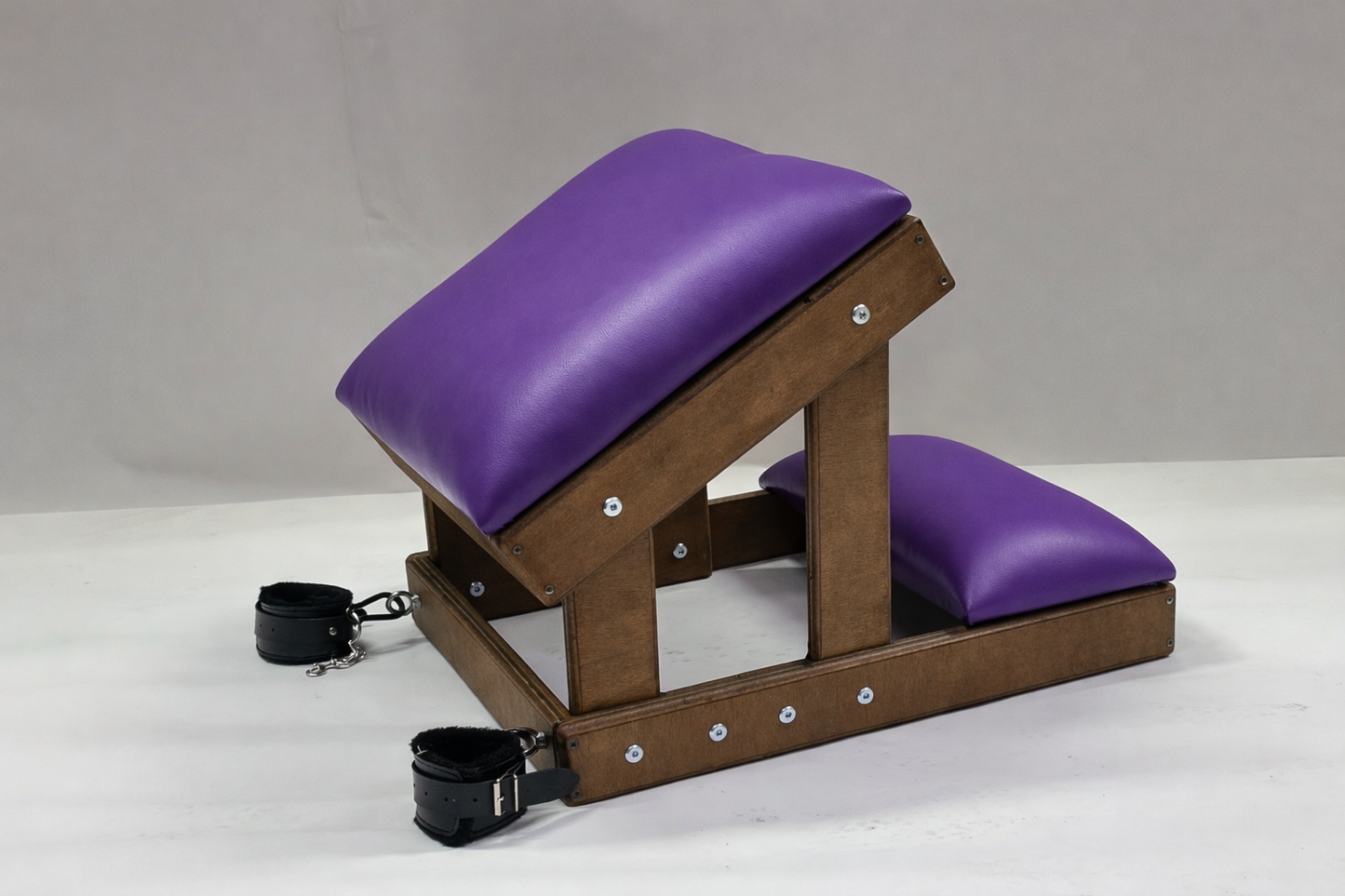 Hardwood Kneeling Bench – Luxury Padded BDSM Positioning Bench with Restraints (Brown/Purple)