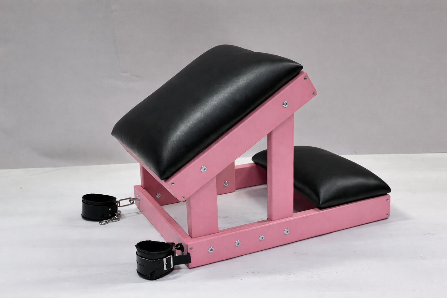 Hardwood Kneeling Bench – Padded BDSM Positioning Bench with Restraints (Pink/Black)