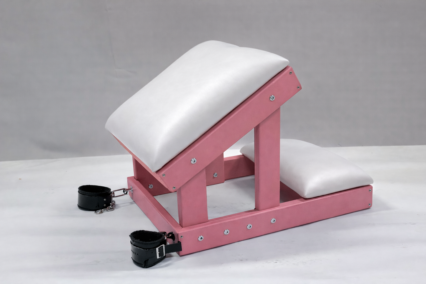 Pink-White BDSM Kneeling Bench with Handcuffs | Handmade Spanking Bench