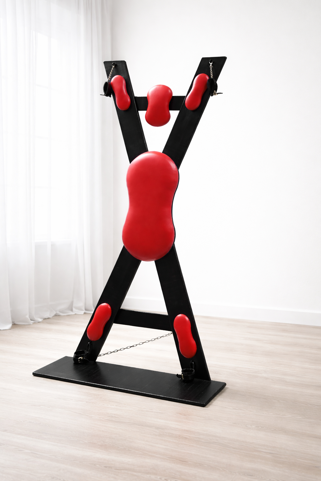 Hardwood St. Andrew’s Cross – Modular Padded Restraint Frame with Quick-Release System (Black-Red)