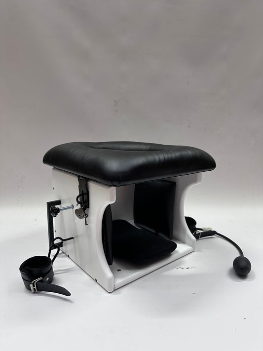 Intense Smotherbox Queening Chair with cushioned seat and sturdy wooden frame for sensory and BDSM play – discreet packaging included