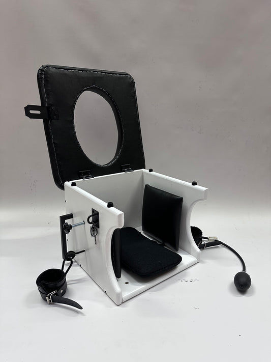 Intense Smotherbox Queening Chair with cushioned seat and sturdy wooden frame for sensory and BDSM play – discreet packaging included