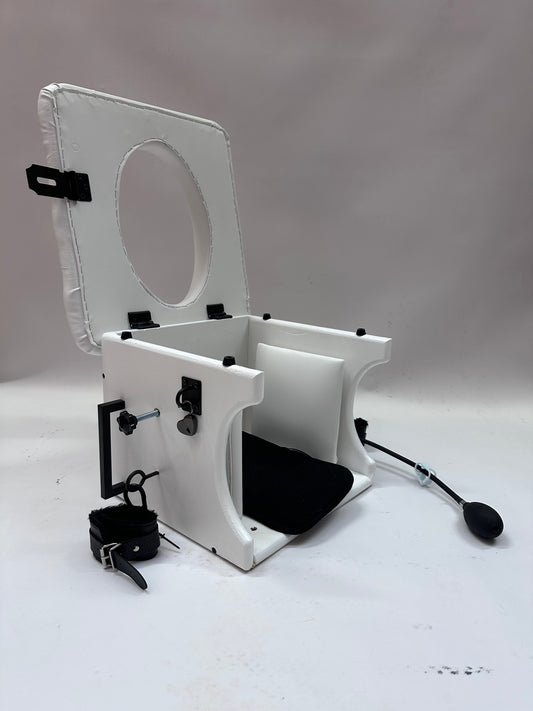 “Premium padded smotherbox for BDSM sensory deprivation play, adjustable size, safe restraint-ready design”