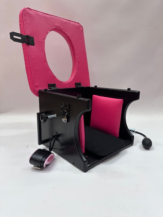 Intense Smotherbox Queening Chair with cushioned seat and sturdy wooden frame for sensory and BDSM play – discreet packaging included