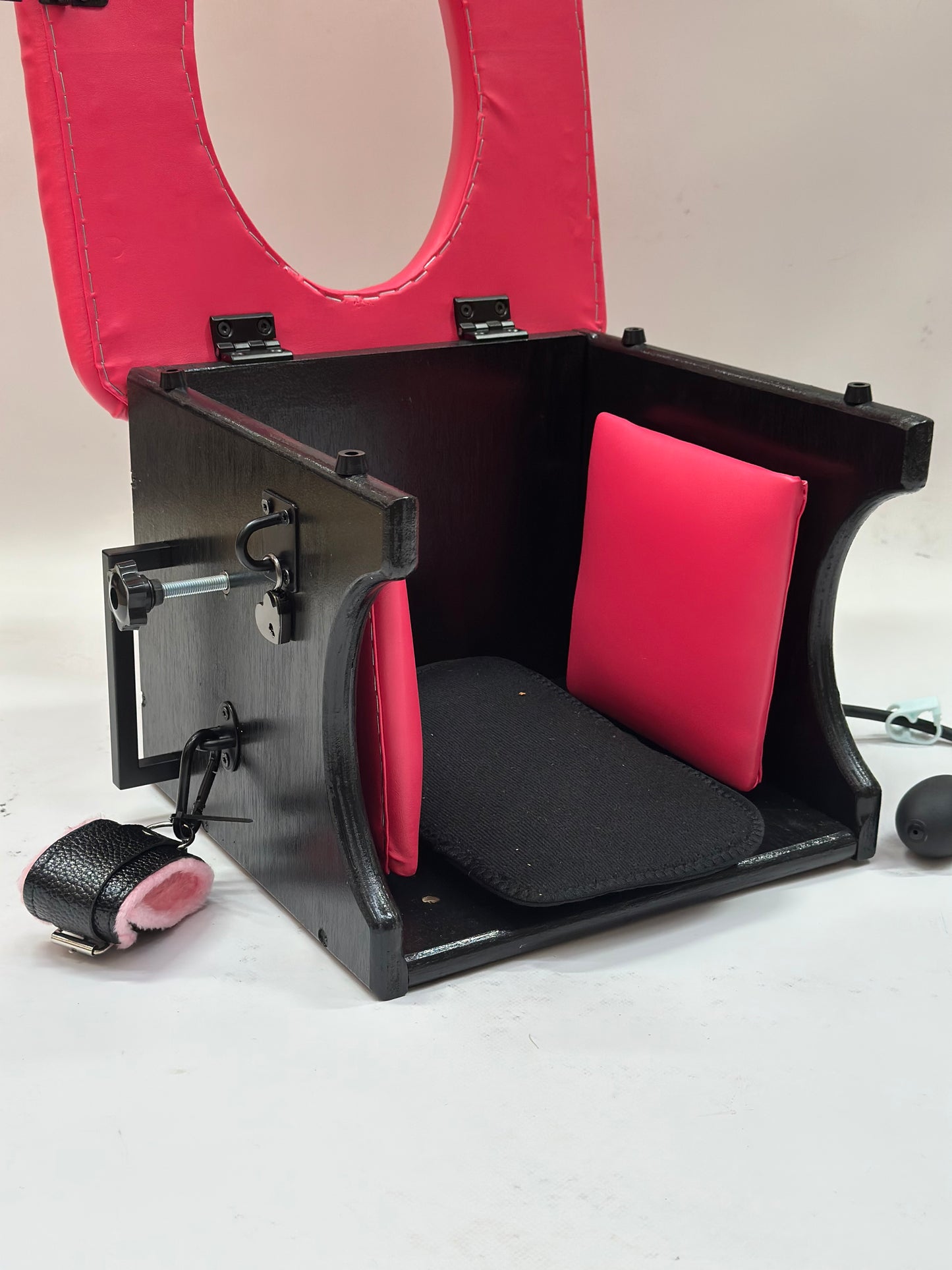 Intense Smotherbox Queening Chair with cushioned seat and sturdy wooden frame for sensory and BDSM play – discreet packaging included