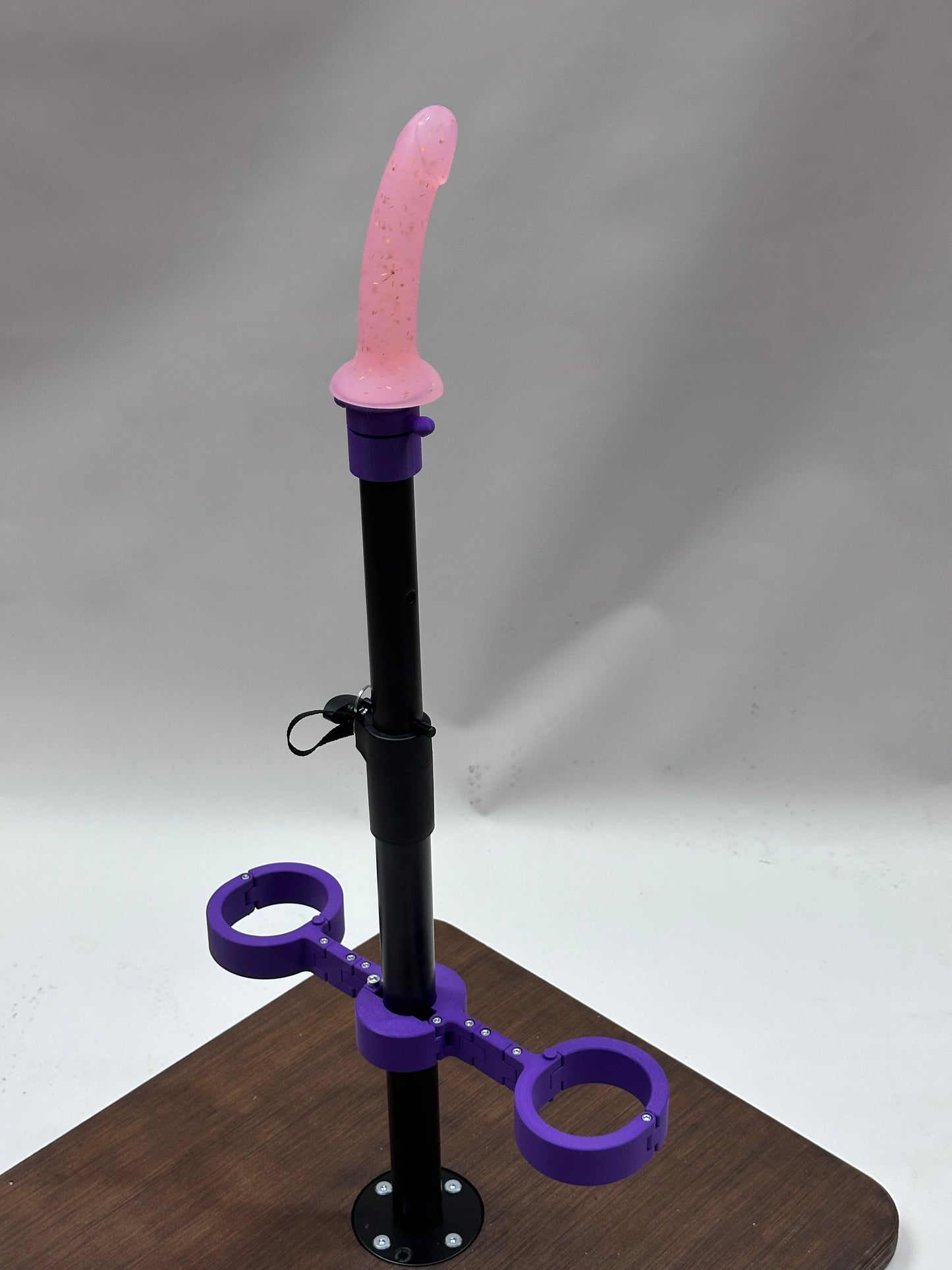 One Bar Prison Restraint Pole – Brown Hardwood Base, Heavy Metal Post, Adjustable Attachments, Restraints & Toy Mounts