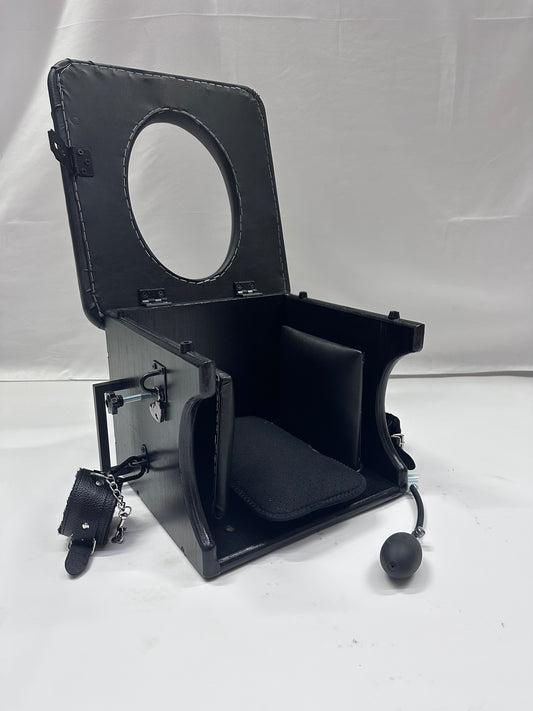 Intense Smotherbox Queening Chair with cushioned seat and sturdy wooden frame for sensory and BDSM play – discreet packaging included