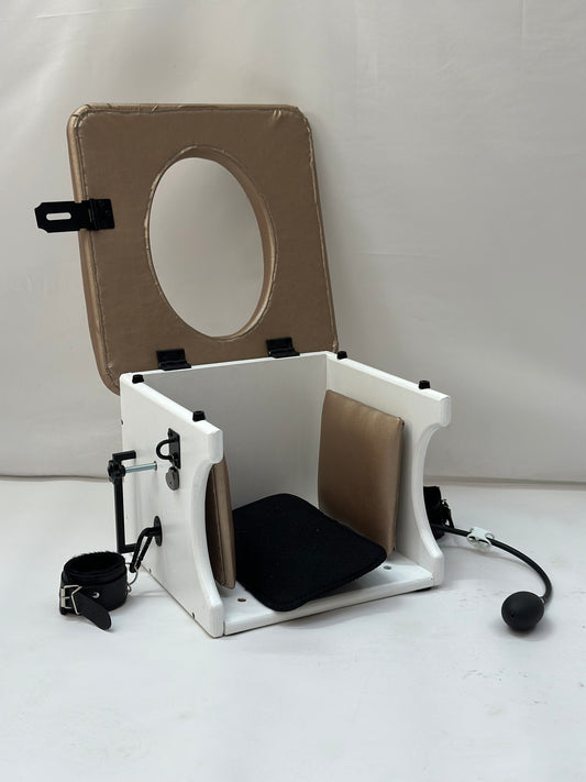 Smotherbox Queening Throne – Adjustable Sensory Control BDSM Chair (White/Champagne)