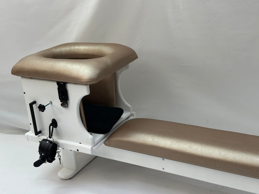 Smotherbox Queening Throne + Bench Set – Luxury BDSM Sensory Control Furniture (White/Champagne)