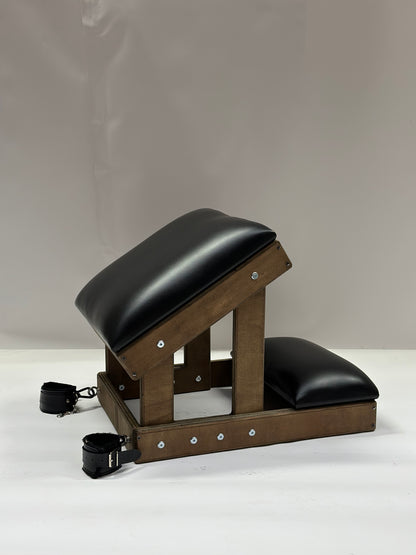 Hardwood Kneeling Bench – Luxury Padded BDSM Positioning Bench with Restraints (Brown/Black)