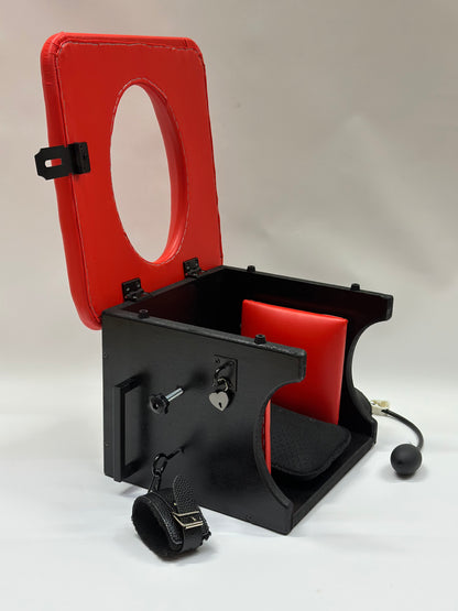 Adjustable smotherbox queening chair for BDSM sensory deprivation

Padded smotherbox queening chair in white for restraint play

Black smotherbox queening chair with adjustable ventilation

Pink smotherbox queening chair for solo or partner sensory play